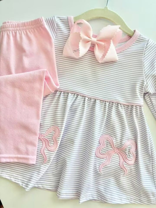 RTS NO MOQ（In Stock) GLP2696 Embroidery long-sleeved pantsuit with pink bow and purple stripes