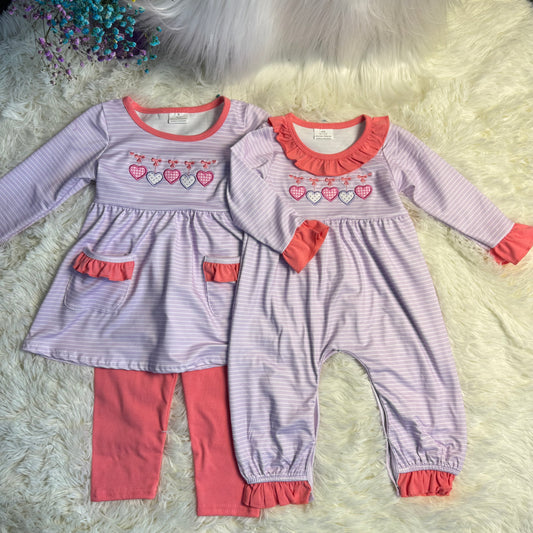 RTS NO MOQ Sibling Baby girl clothes valentine embroidery love long-sleeved trousers suit & rompers