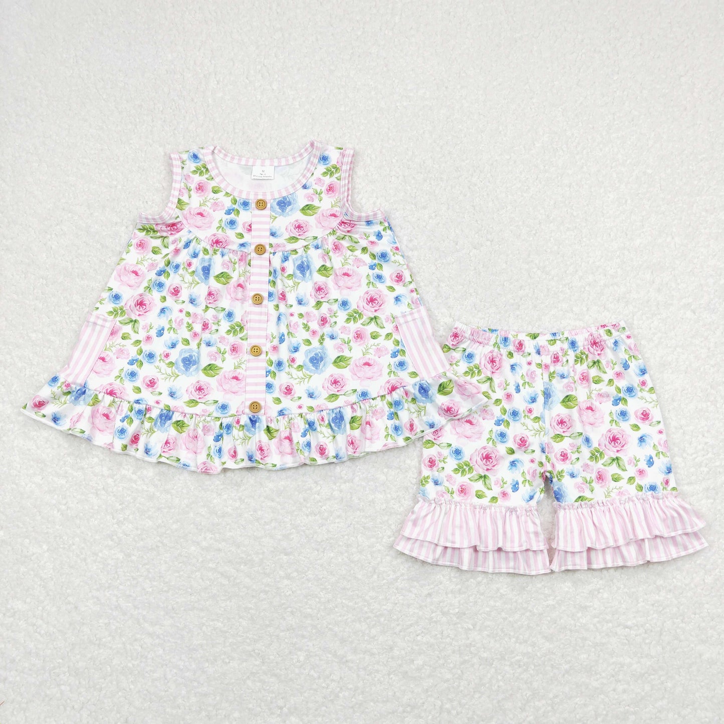 GSSO0569 Pink and white striped pocket flower sleeveless top pink lace flower short-sleeved suit