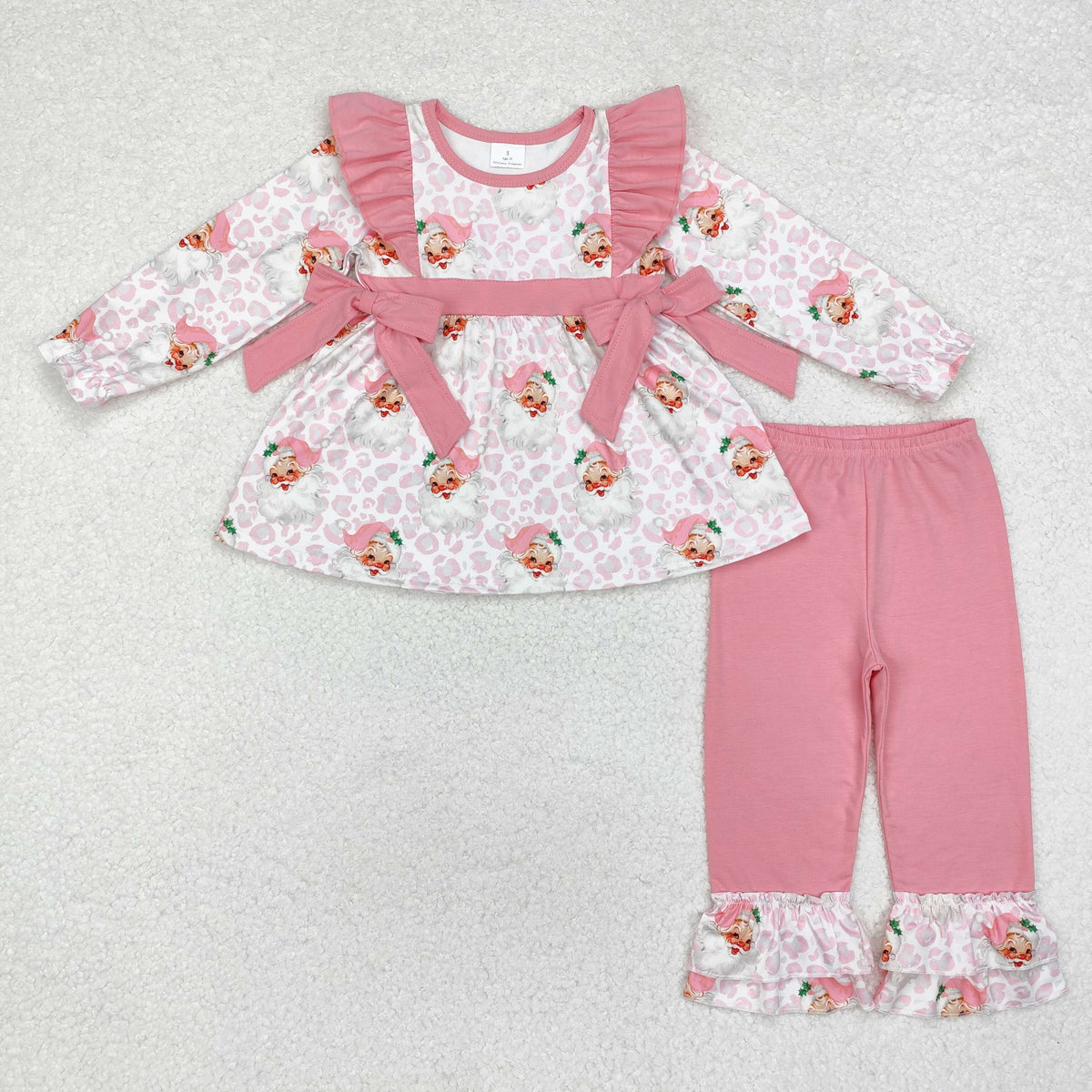 RTS NO MOQ ETA 5/7days Arrived GLP1795 Santa leopard print pink bow white long sleeve trousers set