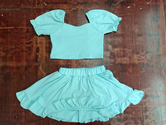 Custom moq 3 eta 6-7weeks baby girl clothes solid color teal short sleeve skirt dress