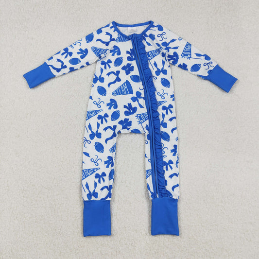 RTS NO MOQ（In Stock) LR2511 Football Trumpet Bow Pattern Blue Lace Zipper Long-Sleeved Bodysuit