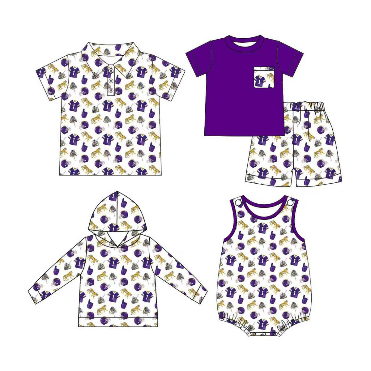 custom moq 5 mix size BYWY0101 Baby Boys Purple Gold Team Sport Print Polo Shirt Pocket Tee Shorts Hoodie And Sleeveless Romper Outfit Set