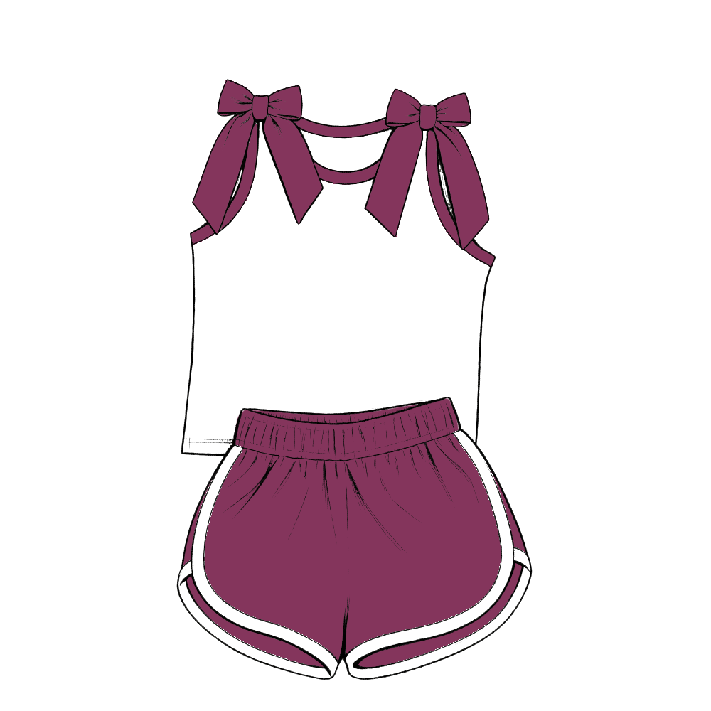 custom moq 5 mix size Baby Girls dark purplish-red Bow Sleeveless Top Shorts Summer Outfit Sets