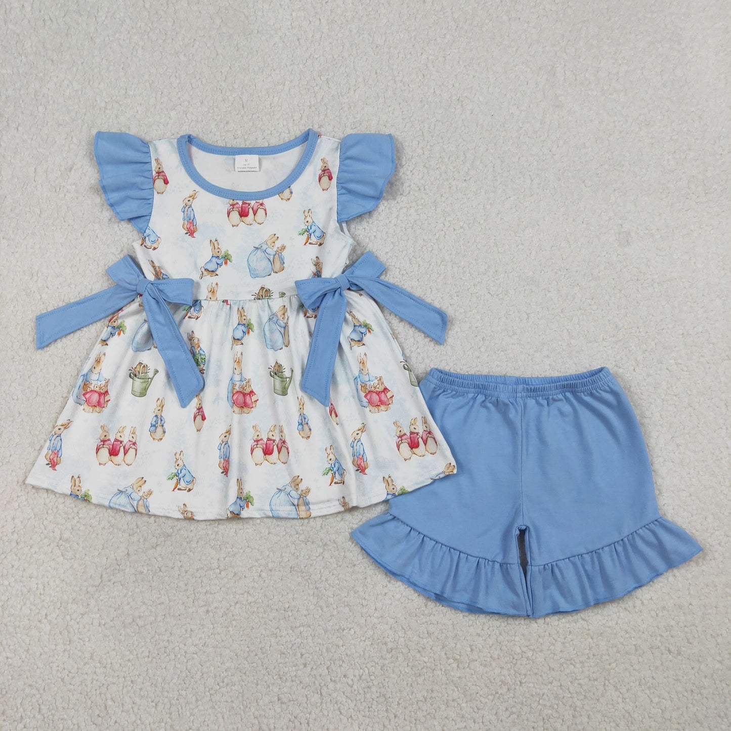 RTS NO MOQ（In Stock) GSSO3055 Easter Bunny Blue Bow White Flutter Sleeve Shorts Set