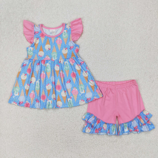 RTS NO MOQ ETA 5/7days Arrived GSSO2402 Ice cream pink lace blue flying sleeve shorts set