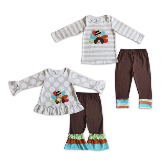 RTS NO MOQ GLP0219 BLP0081 Embroidered Turkey Long Sleeve Suit: Stripes & Polka Dots