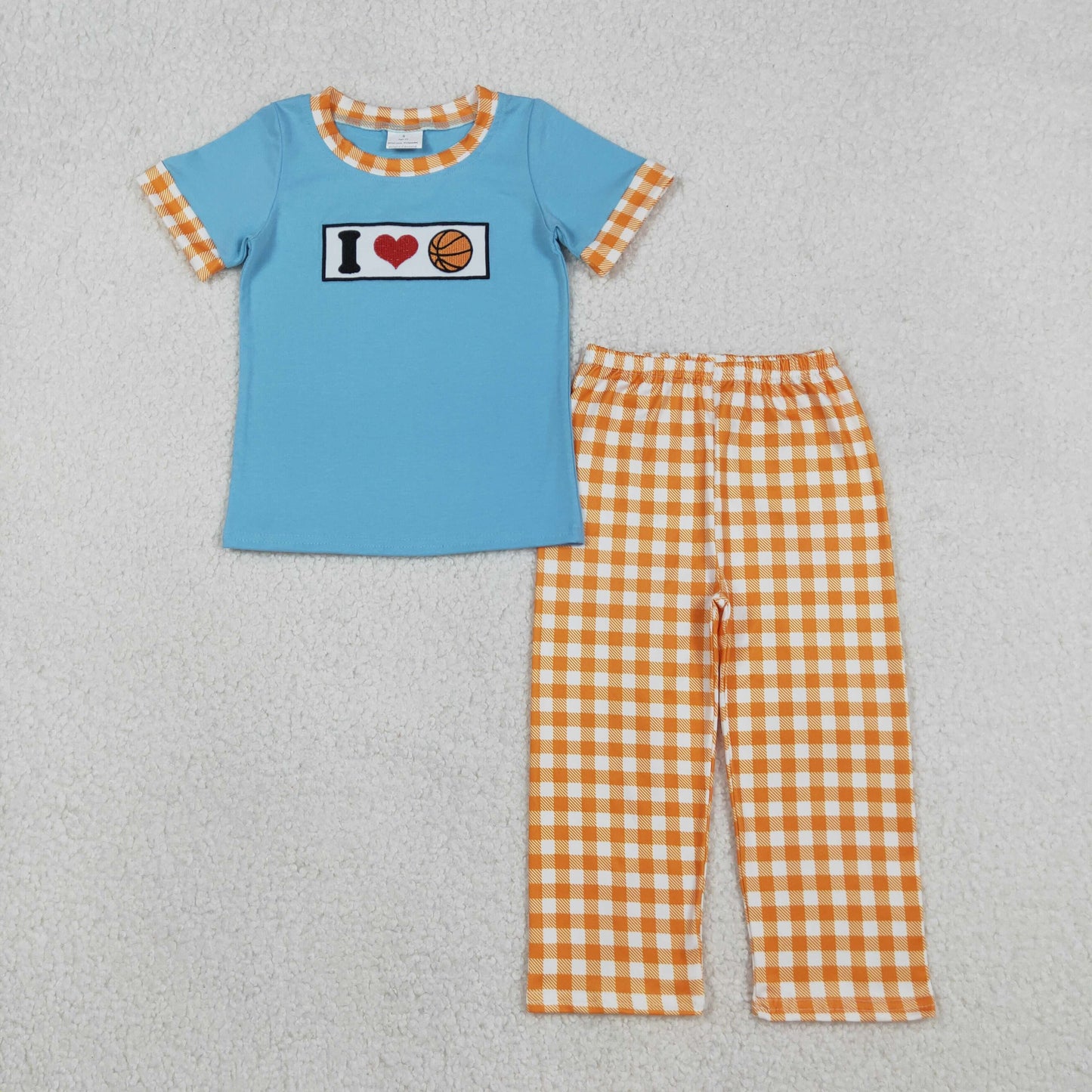 RTS NO MOQ（In Stock) Embroidered "I Love Basketball Heart" Blue Short-Sleeve T-Shirt and Orange Plaid Pants Set