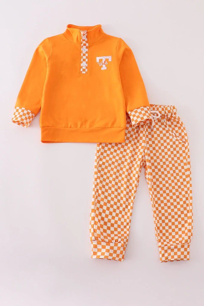 Custom moq 5 mix size milk silk eta 6-8weeks summer team orange baby girls clothes team long sleeve pants sets -25.7.17