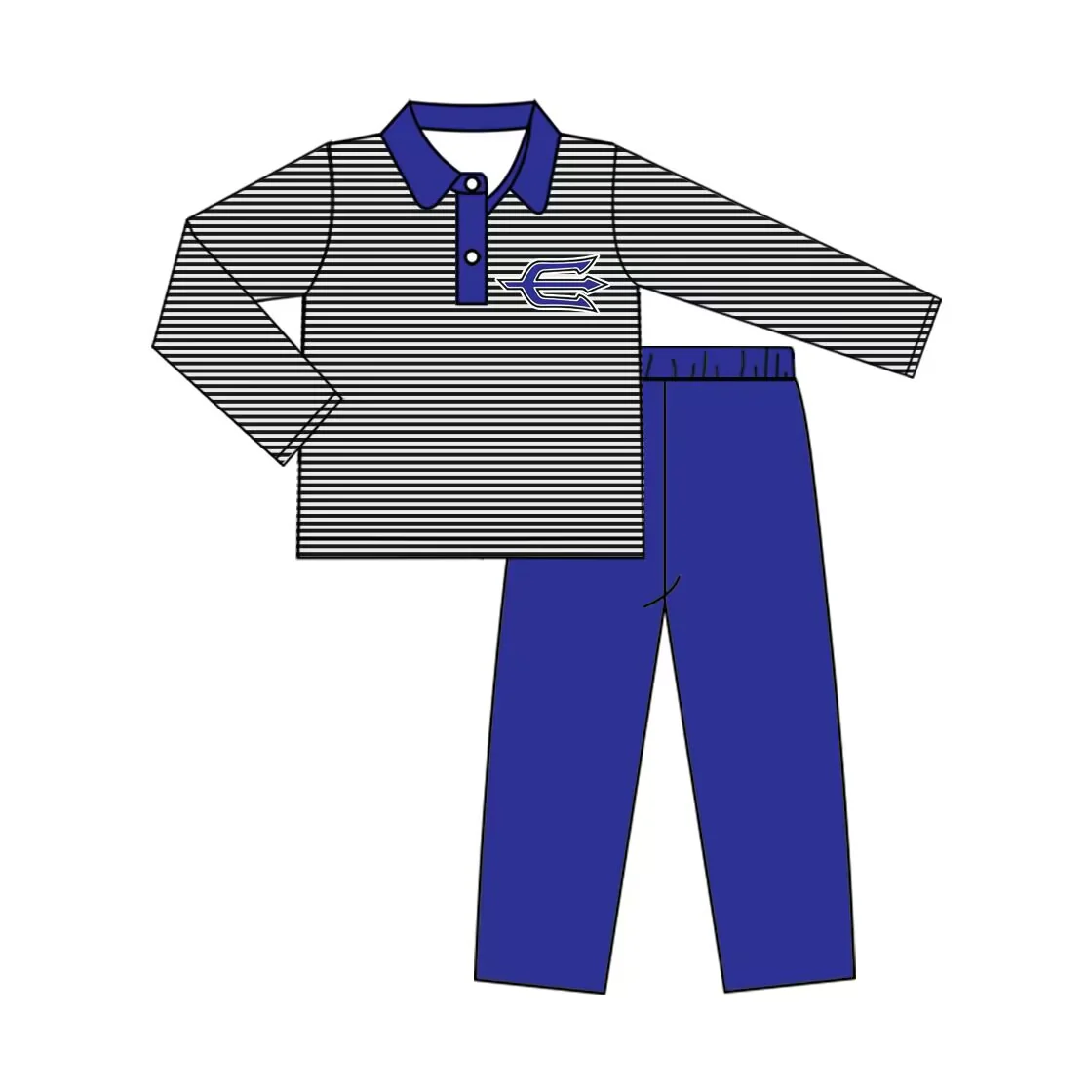 Deadline October 12 custom no moq eta 6-8weeks Black and White Pinstripe Button Pullover & Blue Trousers Set