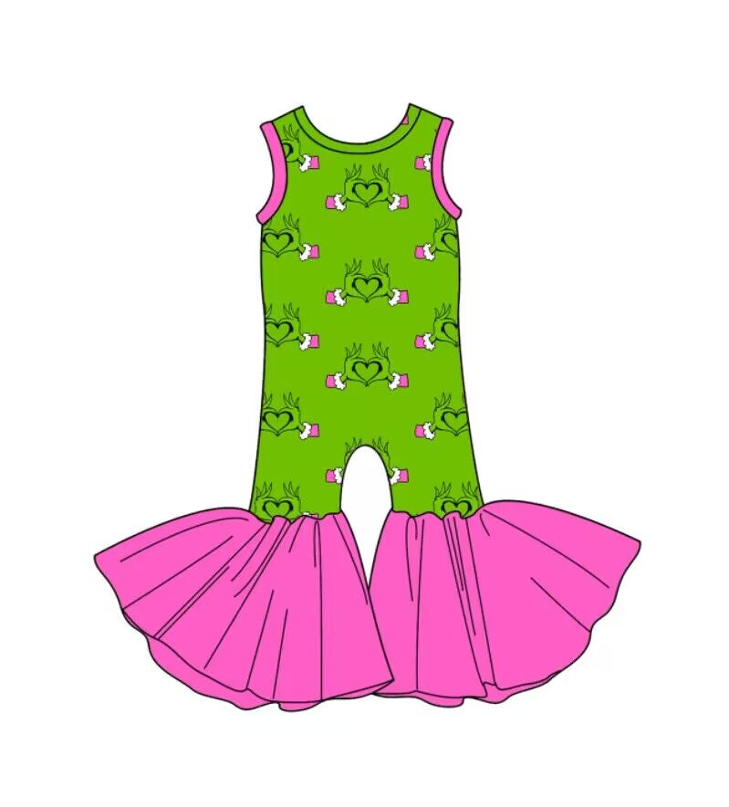 custom moq 5 eta 6-7weeks baby girls clothes Christmas green and pink sleeveless Summer jumpsuit