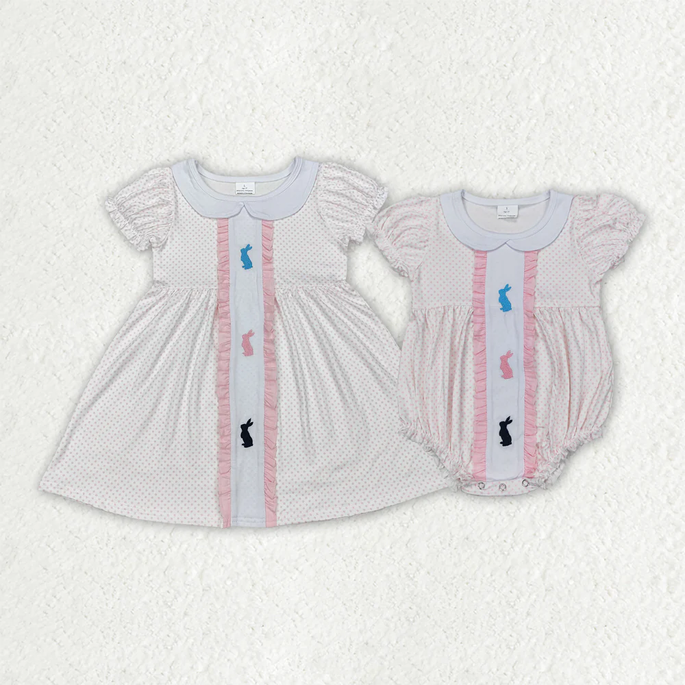 RTS NO MOQ baby girl clothes embroidery rabbit flying-sleeved romper dress