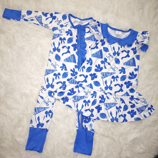 RTS NO MOQ Sibling baby girl clothes team cheer bow flying sleeve dress and romper