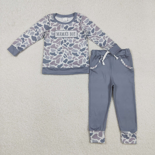 RTS NO MOQ（In Stock ) BLP1335 Embroidered Mama's Boy Gray-Blue Camouflage Long-Sleeve Pants Set