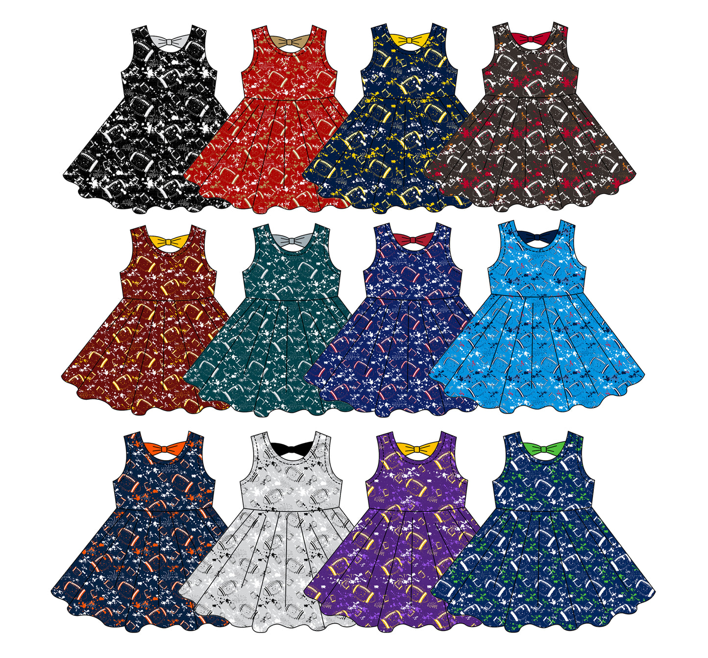 Custom moq 5 mix size milk silk summer teams Baby Girls Football  Sleeveless Bow Back Cutout Knee Length Dresses