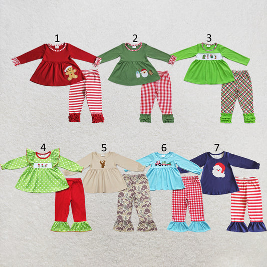 RTS NO MOQ Sibling milk silk Baby Girls Christmas Santa Print Long Sleeve Tunic Pants Clothes Sets