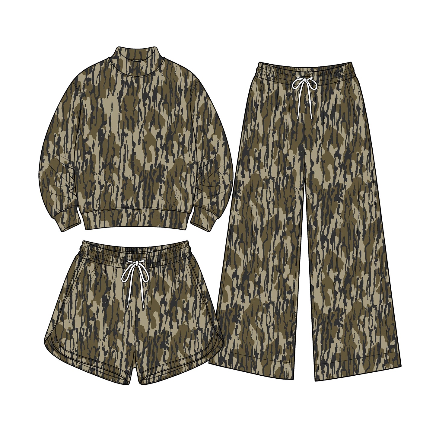 (Preorder new) No moq Baby Girls moq 5 Baby Girls Wood Camo Long Sleeve Top Pockets Shorts Yoga Active Clothes 3 piece Set