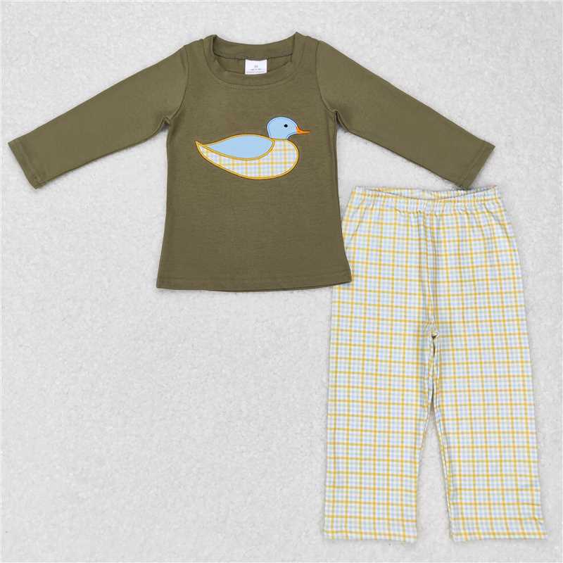 RTS NO MOQ（In Stock) Baby Boys embroidery Duck Pocket Top Stripes Pants Outfits Sets