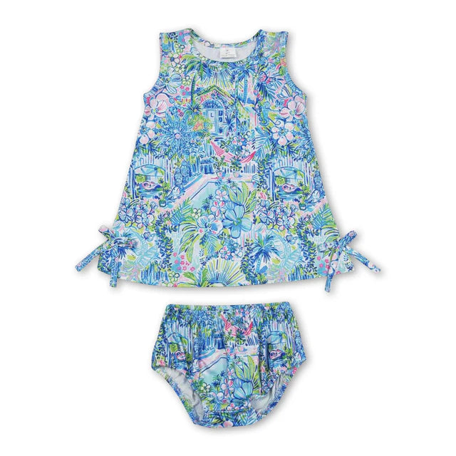 RTS NO MOQ Sibling Baby Girls Flowers Tunic Top Bummies Outfits Sets