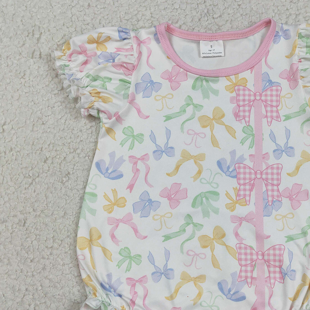RTS NO MOQ SR3672  Baby Girls Short Sleeve Rompers Colorful Bows Button Ruffle Cute Outfit for Little Girls