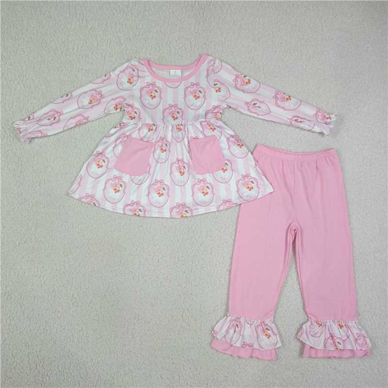 Baby Girls Pink Stripe Ruffle Lounge Set Collection - Princess Print Peplum Top & Flare Pants