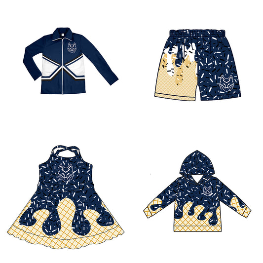 Custom moq 5 mix size milk silk baby girls clothes team bow navy blue hooded long sleeve tops and shorts and jacket and dress-25.7.26