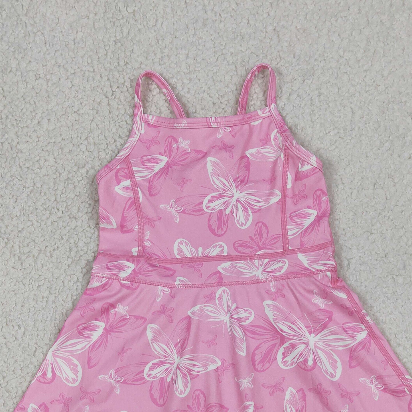 RTS NO MOQ yoga fabric GSD2292 Baby Girls Pink Strap Butterfly Ruffle Knee Length Dress