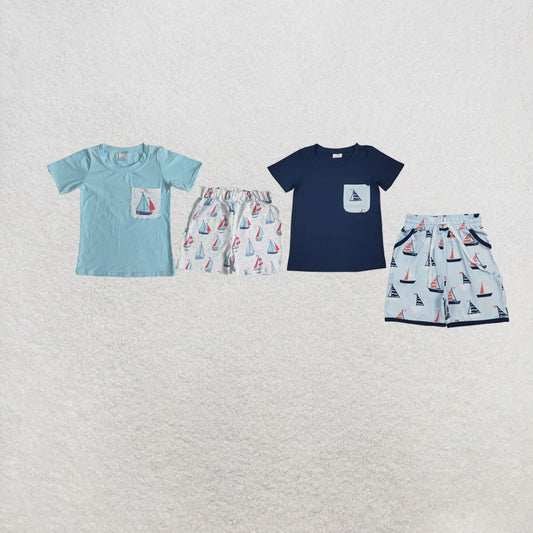 RTS NO MOQ Sibling Baby Boys Navy Short Sleeve Shirt Top Boats Pockets Shorts Clothes Sets Preorder