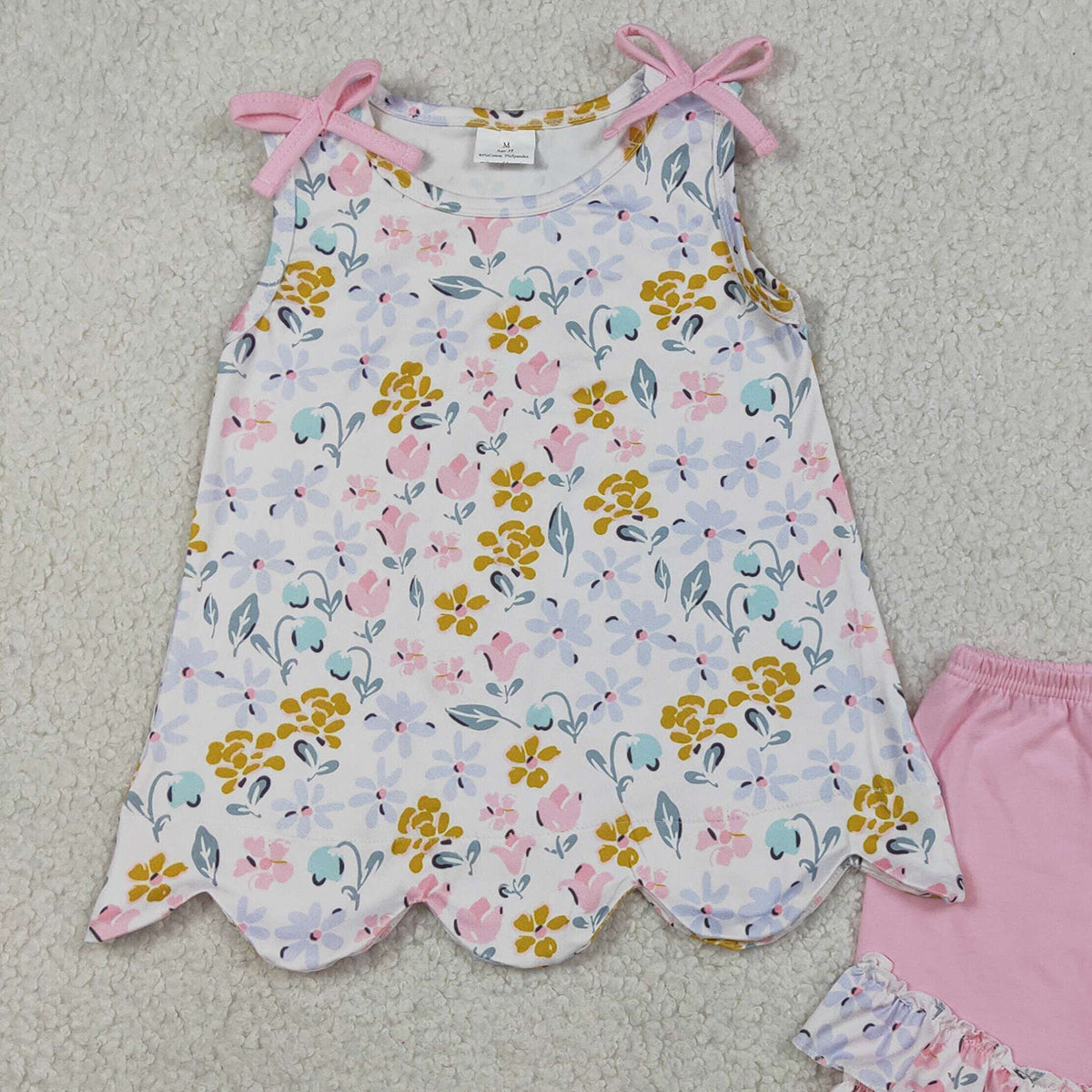 RTS NO MOQ GSSO3392 Baby Girls Flowers Scallop Tunic Ruffle Shorts Outfit Set Cute Baby Girl Clothing Set
