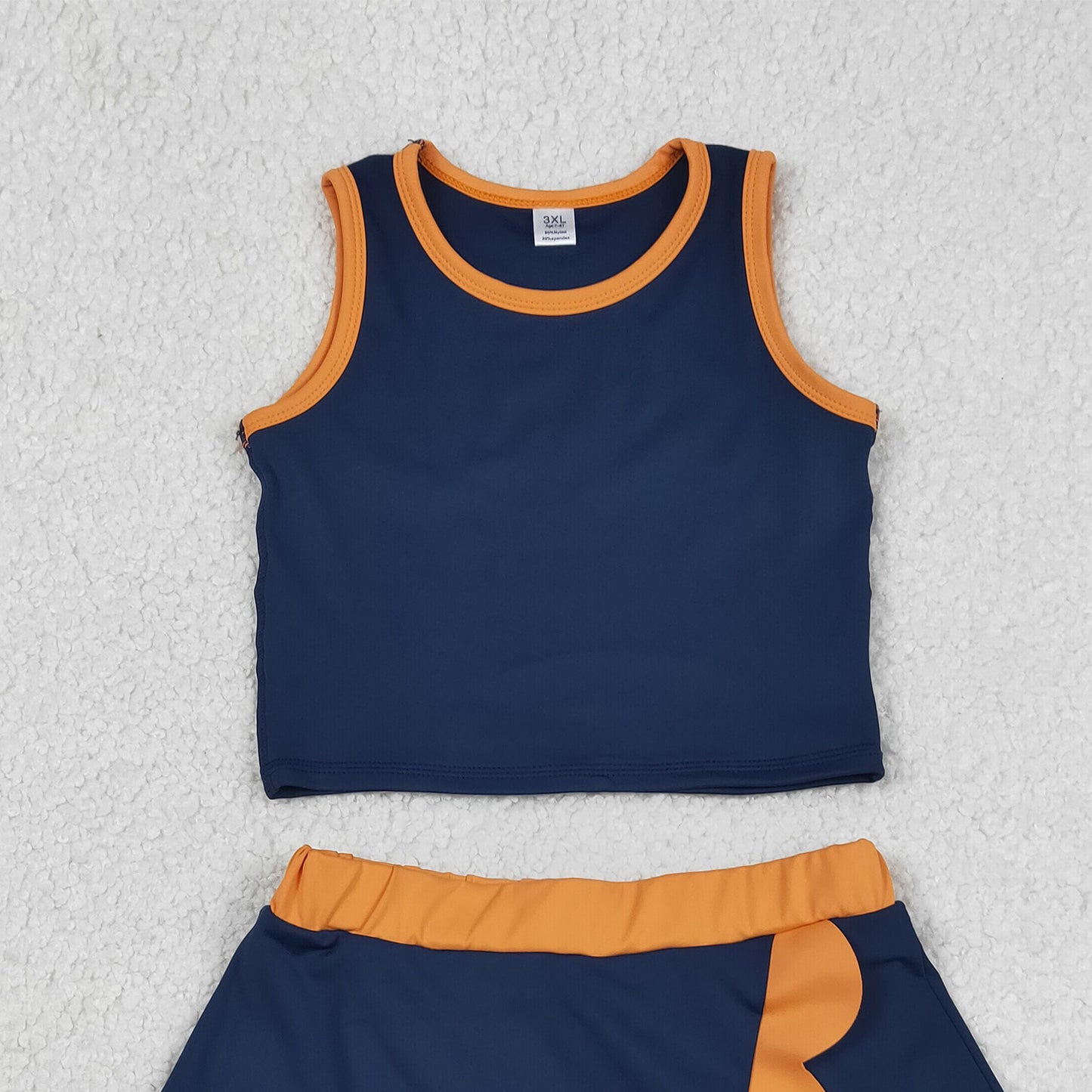 RTS NO MOQ yoga fabric cotton GSD4017 Baby Girls Navy Orange Vest Scallop Skirt Short Yoga Active Clothes Set