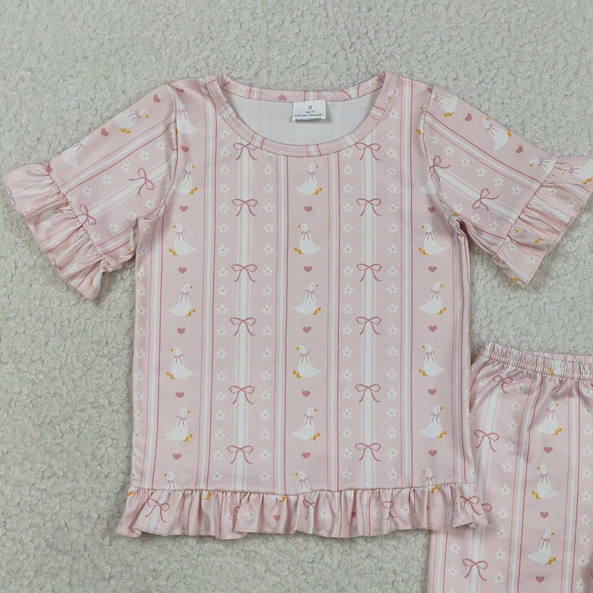 RTS NO MOQ GSSO3330 Baby Girls Bow Goose Stripe Top with Ruffle Shorts Pajamas Clothes Set Cute Infant Outfit