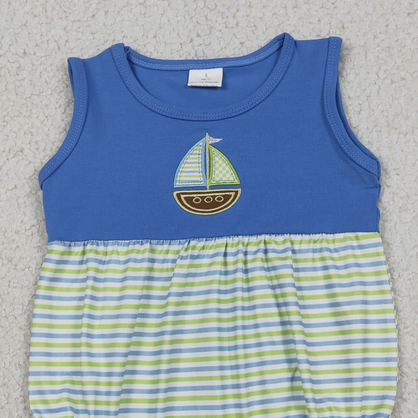RTS NO MOQ milk silk SR3892 Baby Boys Sleeveless Stripe Embroidery Boat Baby Rompers