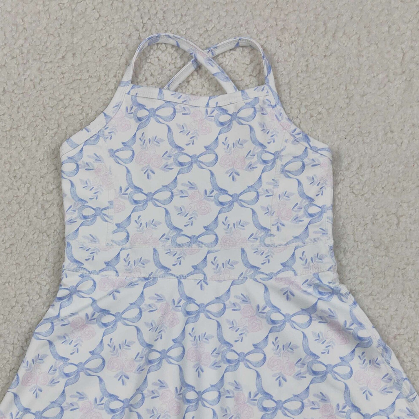 RTS NO MOQ GSD2580 Baby Girls Summer Strap Floral Blue Bow Ruffle Athletic Yoga Dress（12-18M-14-16T）