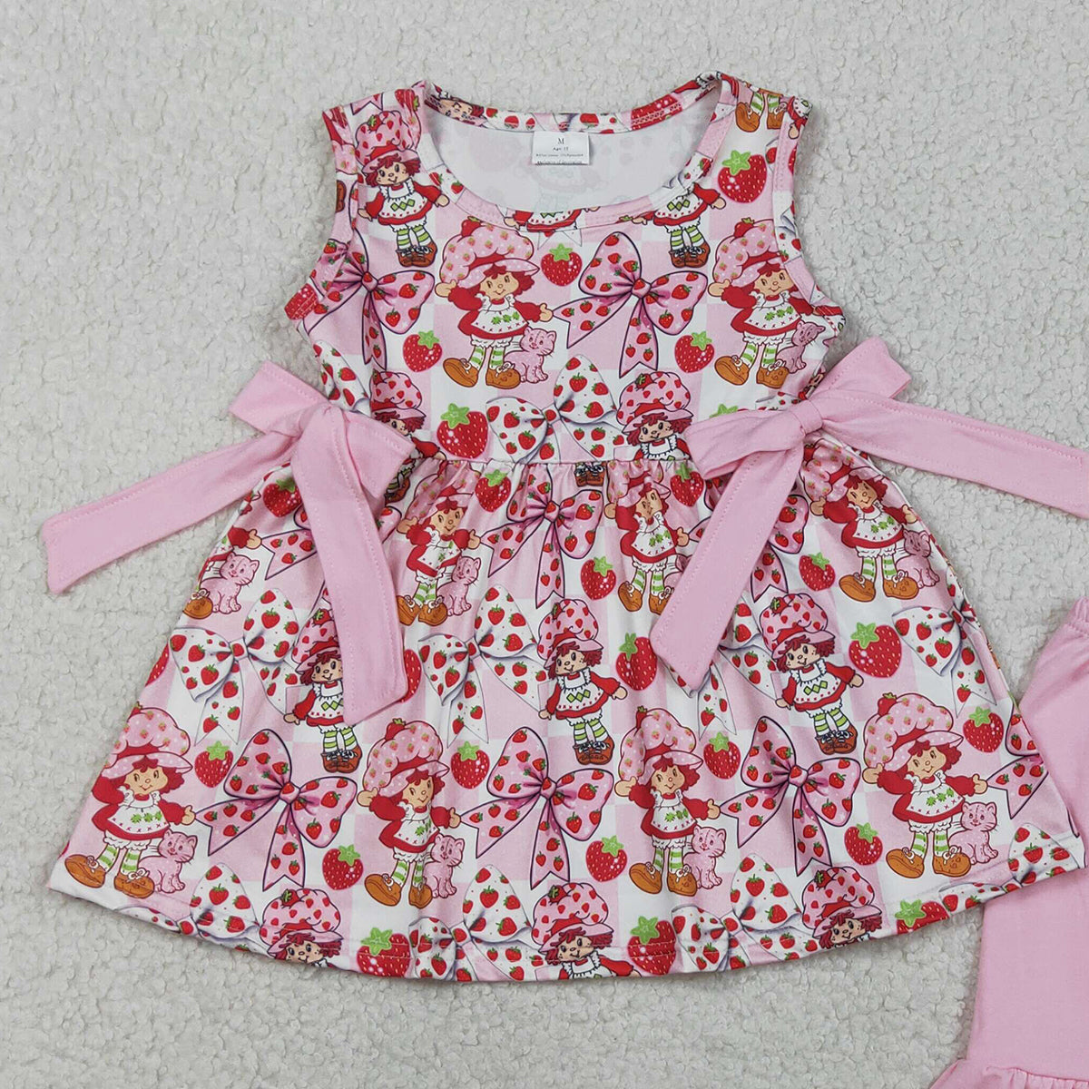 RTS NO MOQ Baby Sleeveless Pink Checked Strawberry Girls Tunic Ruffle Shorts Clothes Sets