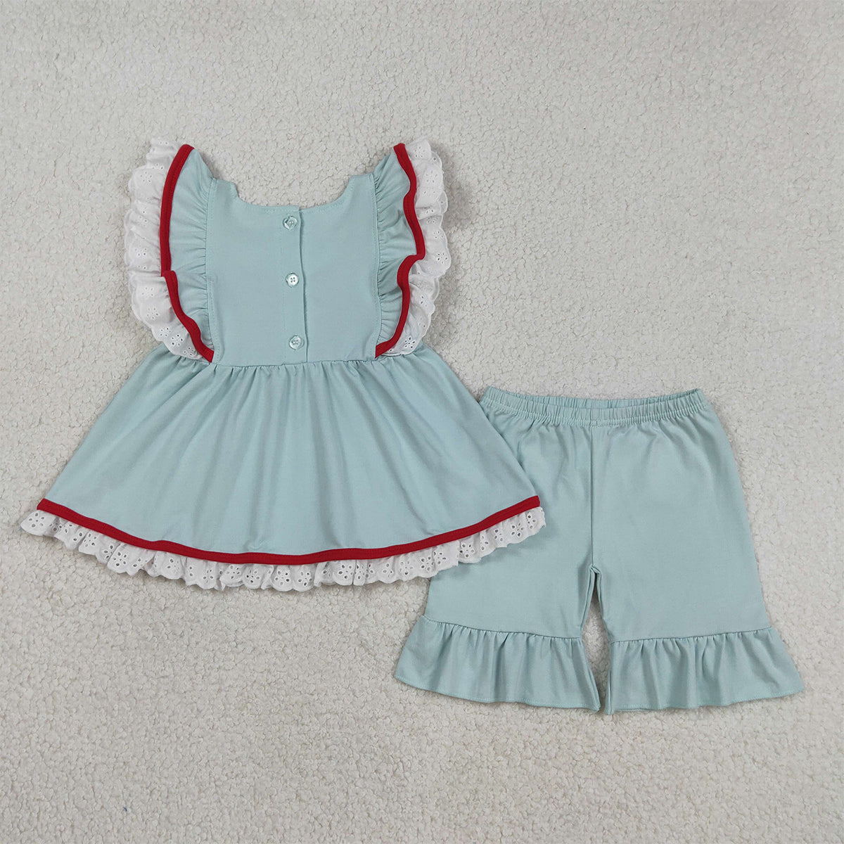 RTS NO MOQ GSSO2926 Embroidered Baby Girls' 4th of July Outfit Set with Flutter Sleeve Tunic And Ruffle Shorts