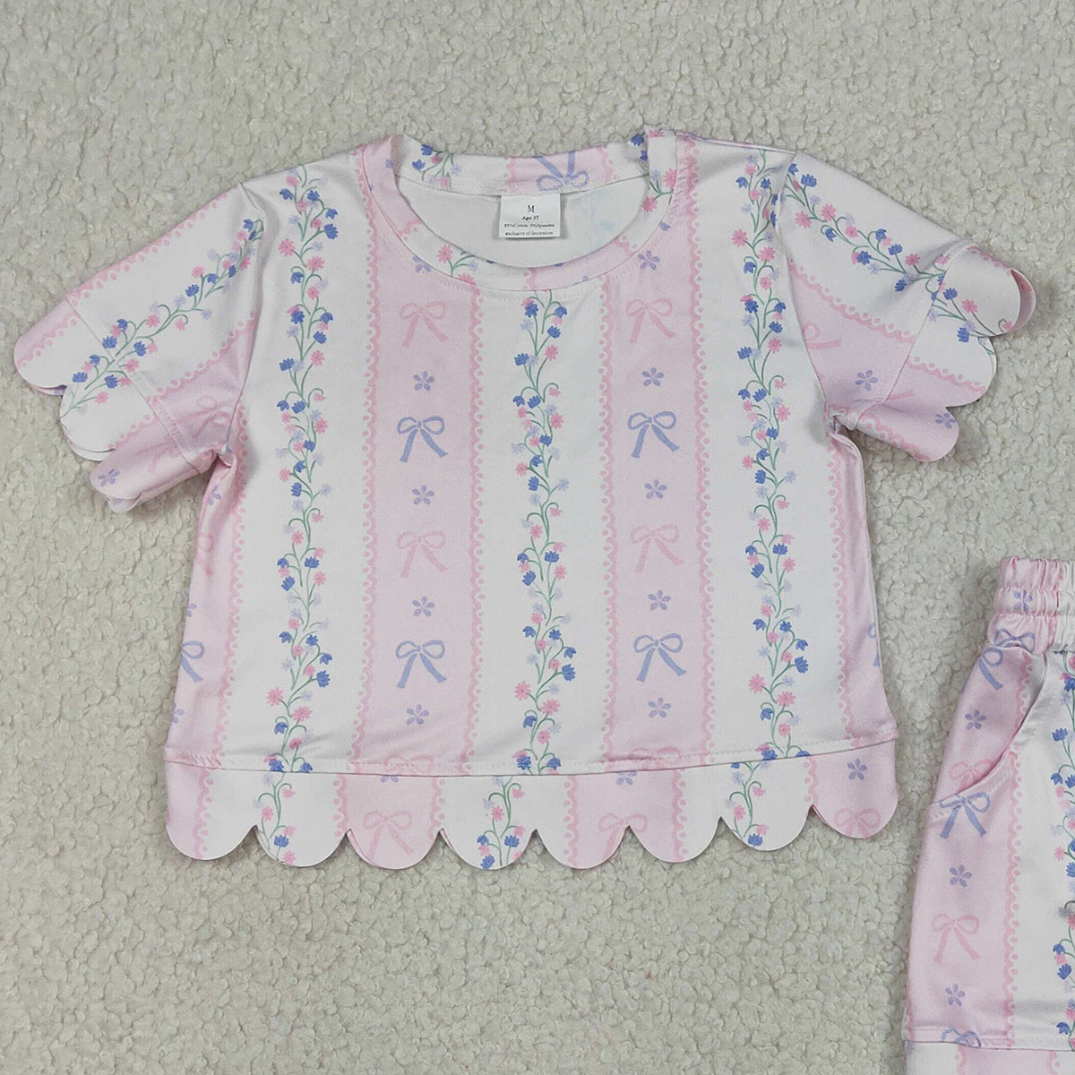 RTS NO MOQ GSSO3410 Baby Girls Flowers Bows Stripe Top with Pockets Scallop Shorts Outfit Set