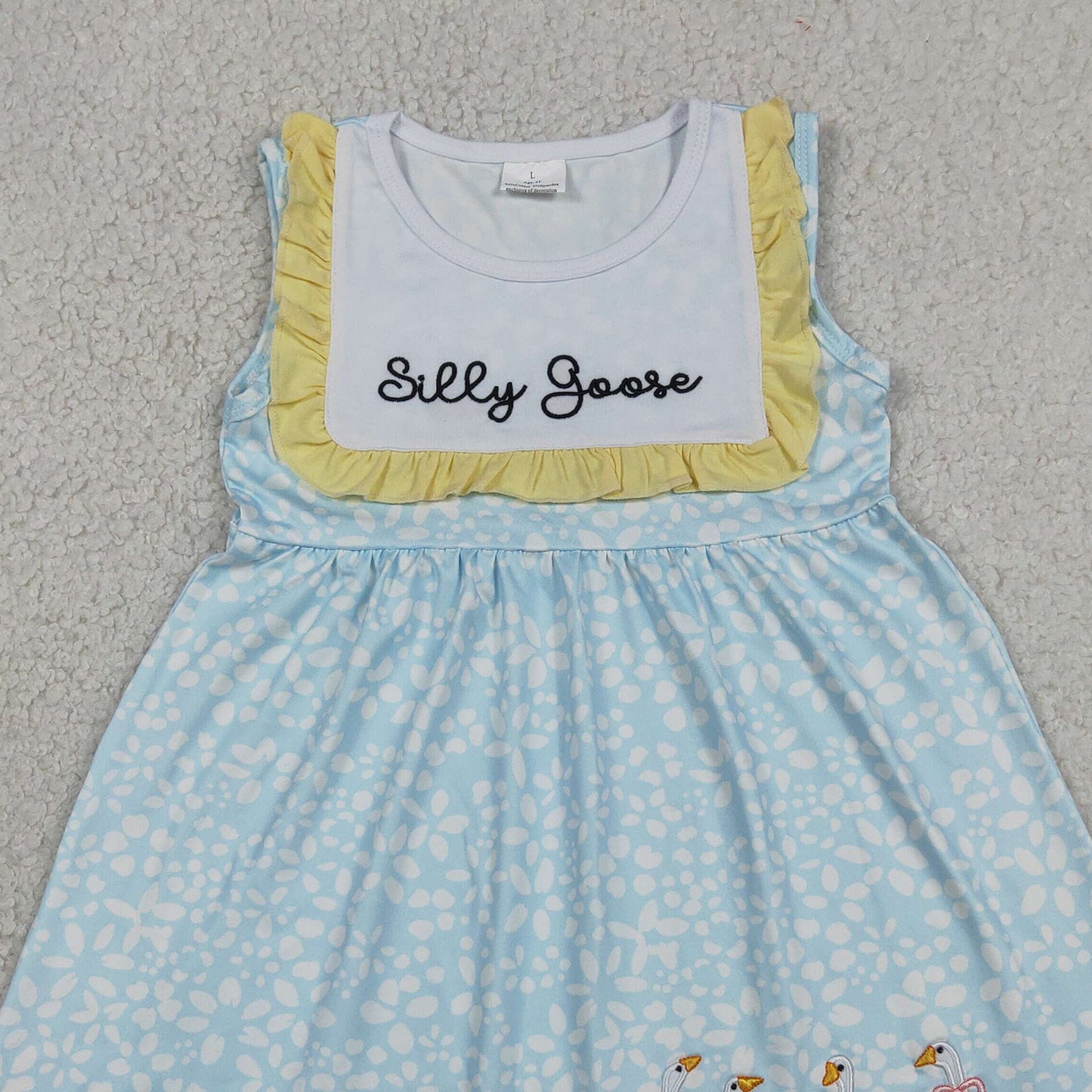 RTS NO MOQ milk silk GSD2970 Baby Girls Silly Goose And Flower Embroidery Sleeveless Knee Length Dresses