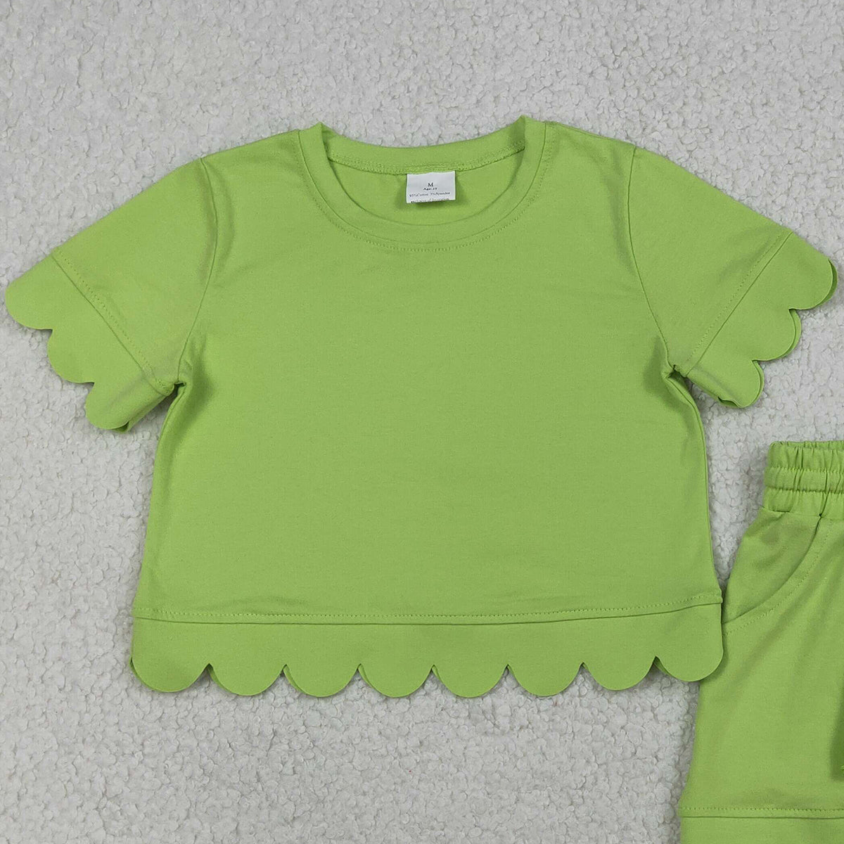 RTS NO MOQ GSSO3179 Baby Girls Green Short Sleeve Shirt Top And Shorts Set Scallop Trim Outfit for Little Girls
