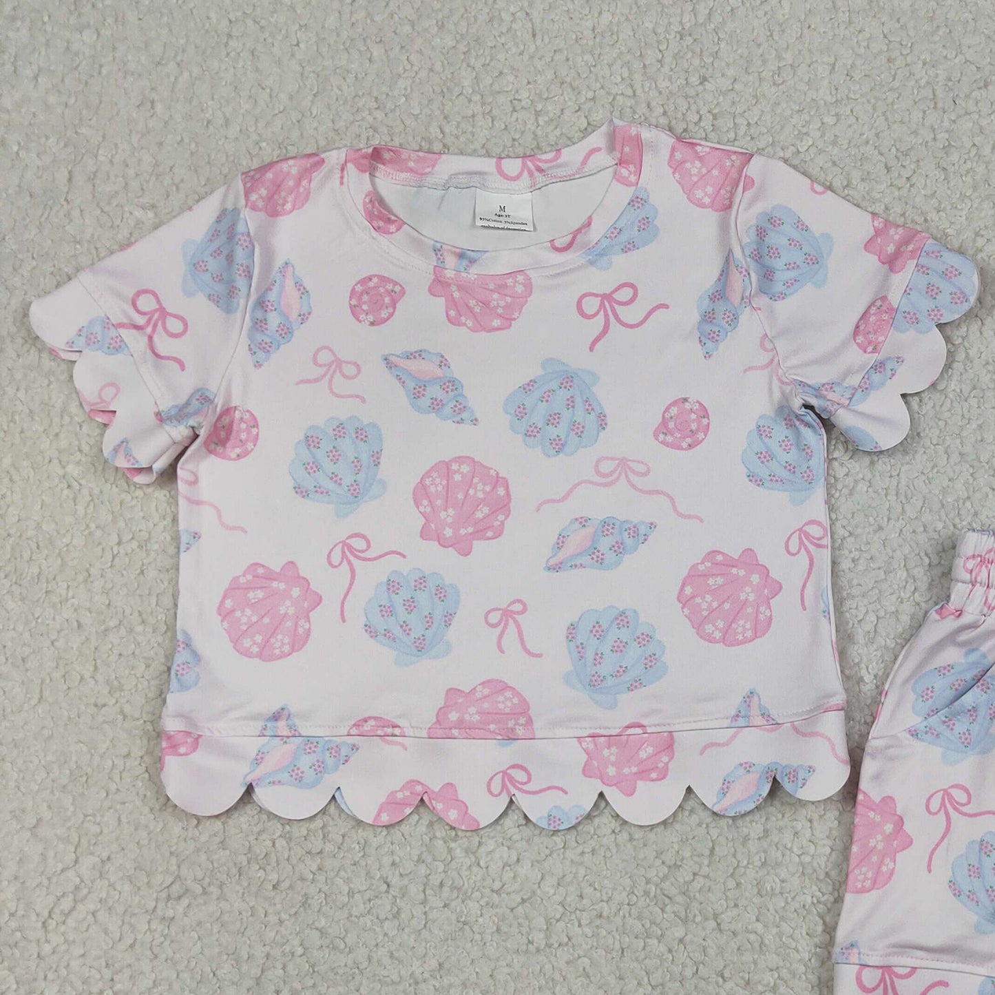RTS NO MOQ milk silk GSSO3731 Baby Girls Bow Flower Shell Top Pocket Scallop Short Set