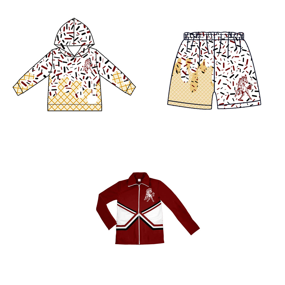 Custom moq 5 mix size milk silk baby girls clothes team bow brick red hooded long sleeve tops and shorts and jacket-25.7.22