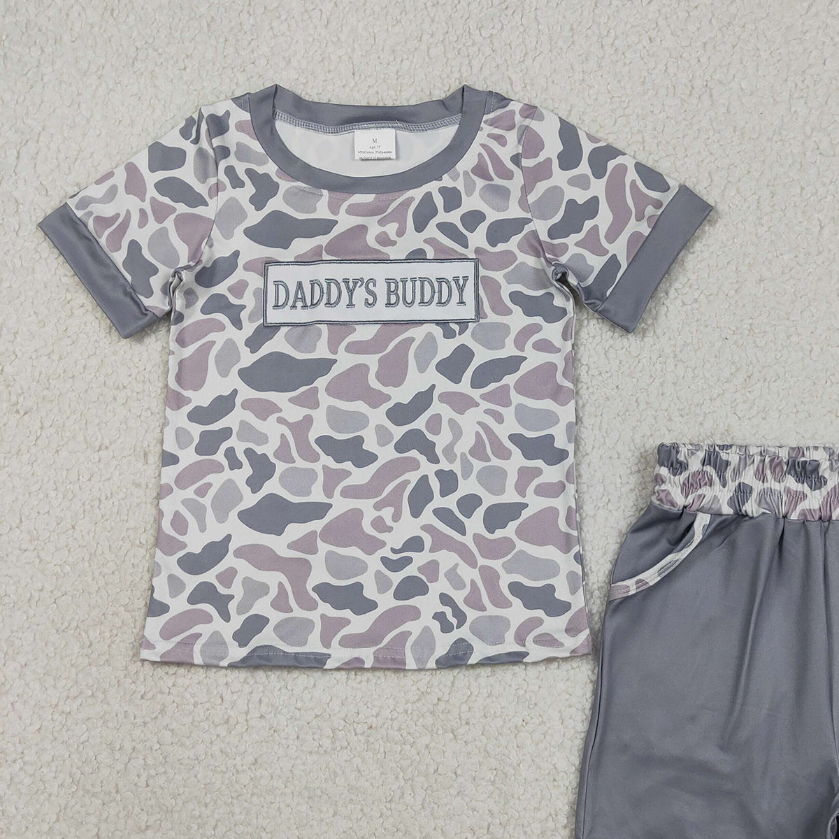 RTS NO MOQ BSSO1838 Baby Boys Light Grey Camo Embroidery Daddy's Buddy Top Pockets Shorts Set