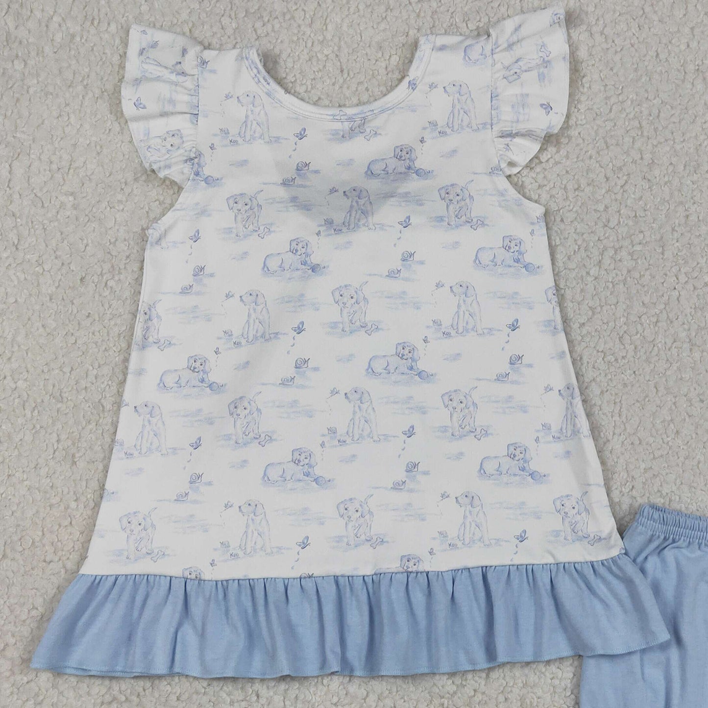 RTS NO MOQ GSSO3061 Toddler Girls Fashion Flutter Sleeve Dog Butterfly Ruffle Short Set（3-6M-6-7T）