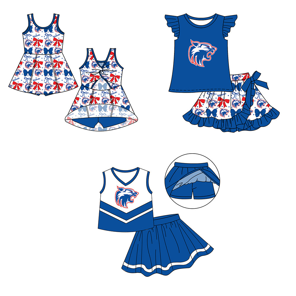 Custom moq 5 mix size milk silk baby girls clothes team bow blue sleeveless skirts sets 1 and set 2 and dress-25.7.19