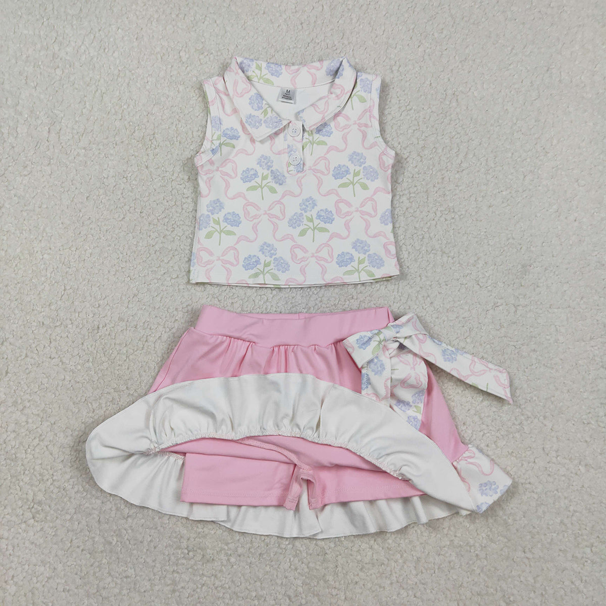 RTS NO MOQ GSD3478 Baby Girls Yoga Active Clothes Set Bows Flowers Button Vest Top Ruffle Skirt Shorts