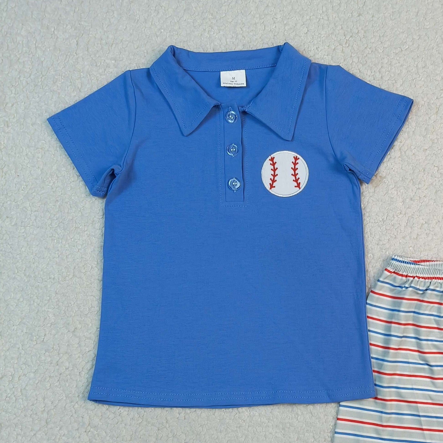 RTS NO MOQ BSSO1877 Baby Boys Blue Button Polo Top Embroidery Baseballs Stripe Shorts Team Outfit