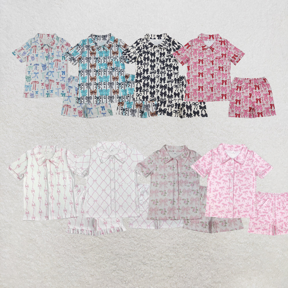 RTS NO MOQ Sibling Adult Women Colorful Bows Lapel Buttons Tops Shorts Pajamas