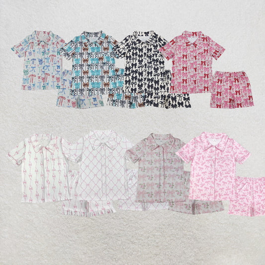 RTS NO MOQ Sibling Adult Women Colorful Bows Lapel Buttons Tops Shorts Pajamas
