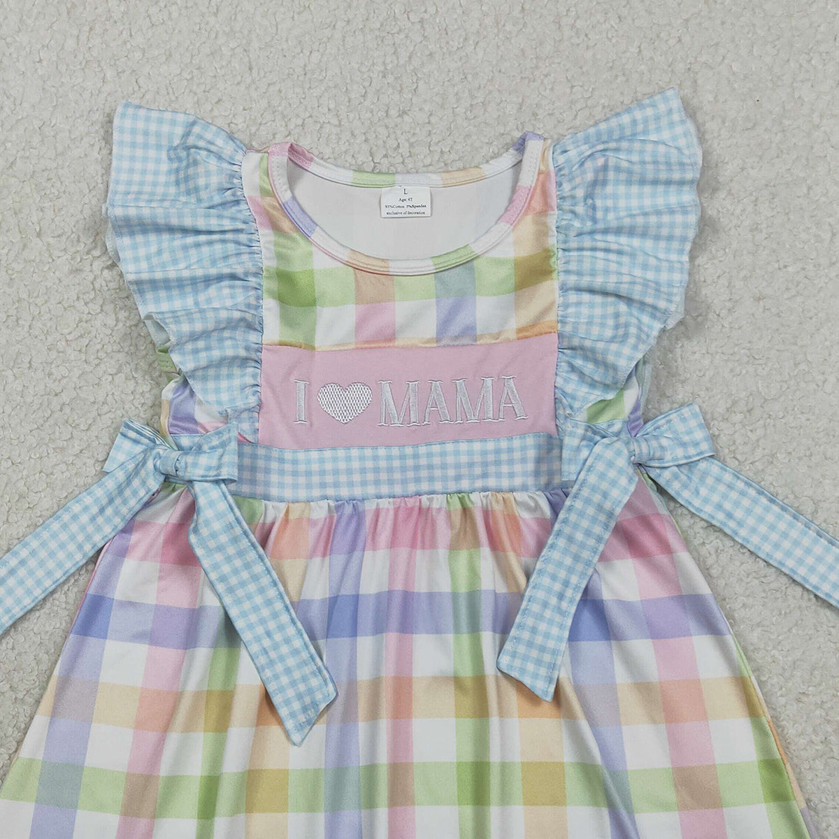 RTS NO MOQ GSD2940 Baby Girls Embroidered 'I Love Mama' Dress Colorful Checked Knee-Length Girls Dress