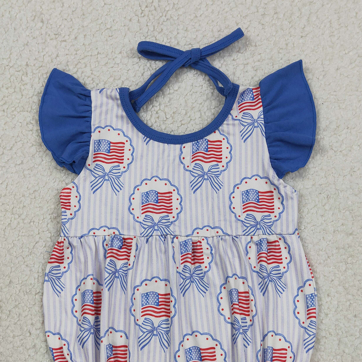 RTS NO MOQ SR4029 Baby Girls 4th of July Ruffle Rompers with Flutter Sleeves Stripe Bows Flags