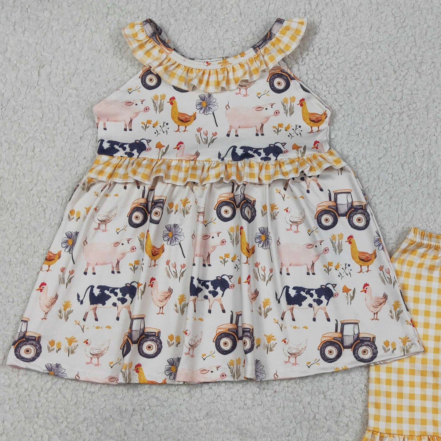 RTS NO MOQ GSSO3071 Baby Girls  Cows Trucks Print Sleeveless Ruffle Shorts Sets
